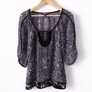 Hale Bob Burnout Velvet Silk Blouse Black Purple Open Shoulder Small